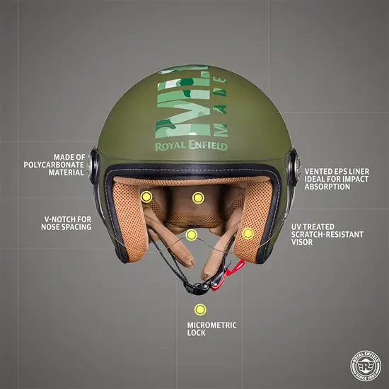 ROYAL ENFIELD CHOPPER MLG CAMO HELMET WITH CLEAR VISOR - BATTLE GREEN