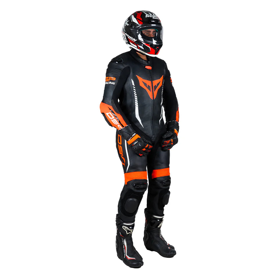 DSG GP RACING LEATHER SUIT : BLACK RED FLUO