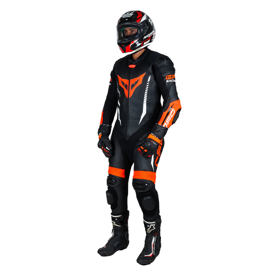 DSG GP RACING LEATHER SUIT : BLACK RED FLUO