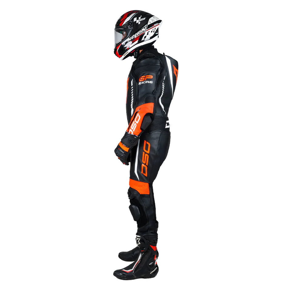 DSG GP RACING LEATHER SUIT : BLACK RED FLUO